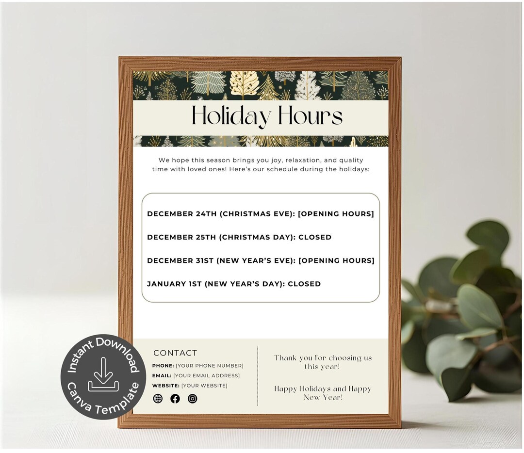 Holiday Business Hours Sign Template, Christmas Store Opening Hours ...
