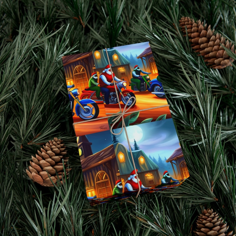 Biker Santa Gift Wrapping Paper Motorcycle Christmas Gift Wrap Biker