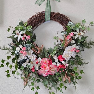 Compact Coral, white, and peach Roses with trailing Ivy wreath. Grapevine wreath, front door Wreath