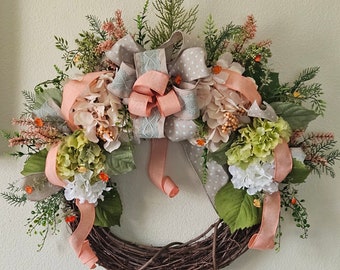 Peach and Green Hydrangea grapevine wreath will look great on the front door, porch, wall, entryway, mantel or a perfect Mother's Day gift.