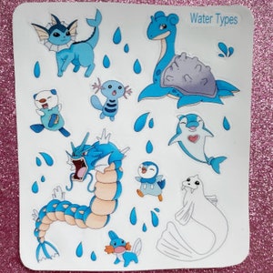 Feuille d'autocollants inspirés des types d'eau, animaux mignons, monstres de poche kawaii
