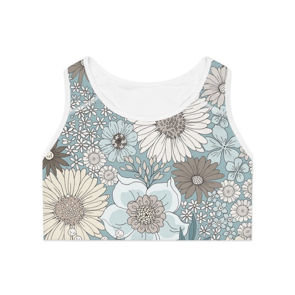 Brown Gray Daisies Sports Bra (AOP)