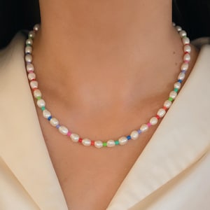 Colorful Freshwater Pearl Beaded Necklace | Pearl Choker | Boho Necklace for Women | Summer Layering Necklace | Rainbow Necklace For Women