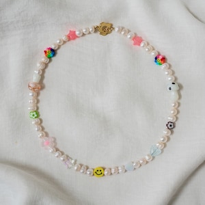 Freshwater Pearl Smiley Face Fun Beads Necklace | Bead Necklace | Unisex Necklace | Beach Necklace | Kawaii Pearl Charm Necklace | Mushroom