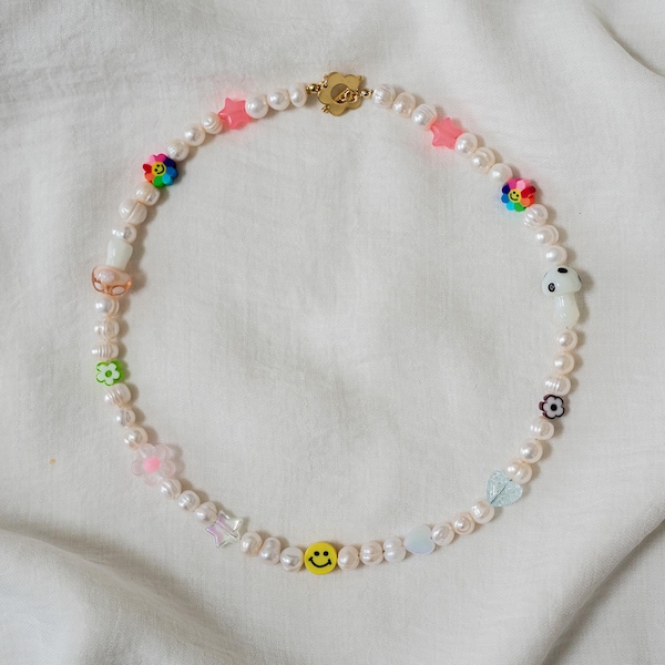Freshwater Pearl Charm Necklace, Colorful Beaded Smiley Necklace, Kawaii Cute Pearl Necklace, Fun Y2K Jewelry, Gift for Her