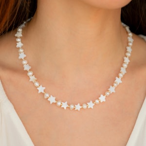 Star Shell Pearl Necklace, Freshwater Pearl Star Necklace for Women, Dainty Celestial Necklace, Minimalist Gold Star Jewelry, Gift for Her