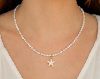 Freshwater Pearl Starfish Necklace, Minimal Beach Jewelry, Dainty Pearl Choker, Coastal Summer Necklace, Handmade Gift for Women