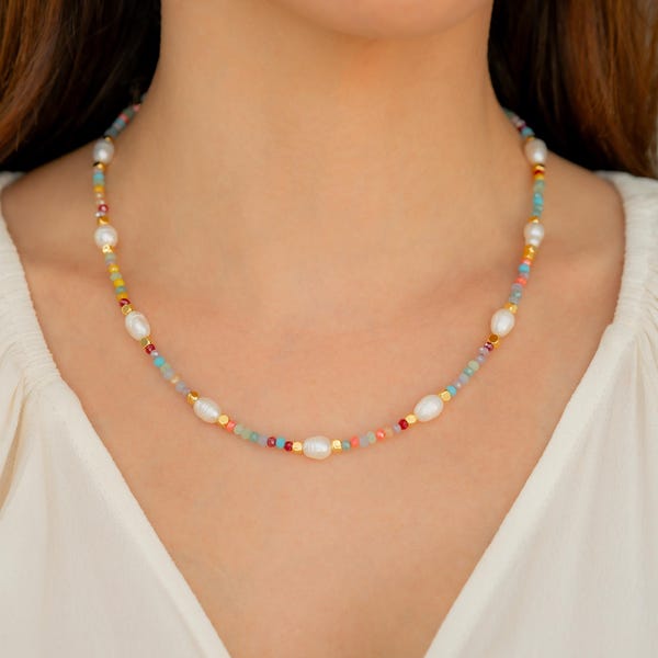 Colorful Beaded Pearl Necklace, Freshwater Pearl Necklace for Women, Dainty Glass Bead Necklace, Minimalist Summer Jewelry, Gift for Her