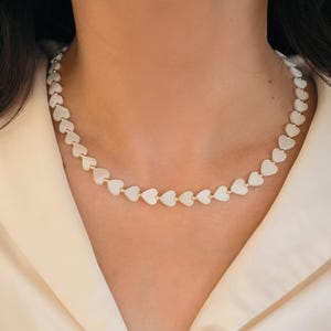White Heart Beaded Necklace – Gold Accents, Dainty Shell Heart Jewelry, Minimalist Layering Necklace, Gift for Her