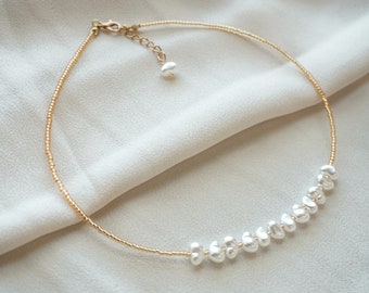 Pearl Gold Beaded Necklace: Dainty Minimalist Jewelry