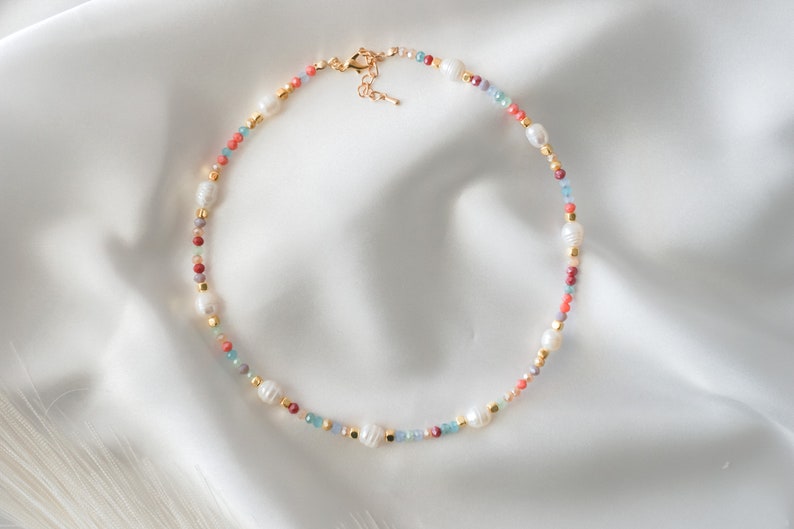 Color Beaded Pearl Mixed Necklace Pearl Necklace Minimal Necklace for Women Gift for Her Bridesmaids Gifts Beaded Necklace image 3