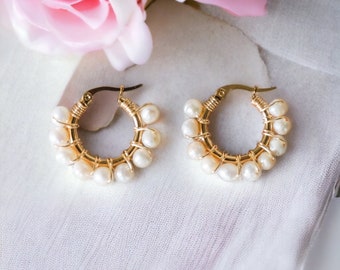18k Gold-plated Freshwater Pearl Wrapped Hoops Earrings | Pearl Earrings | Wedding Earrings | Gift for Her | Bridesmaids Gifts