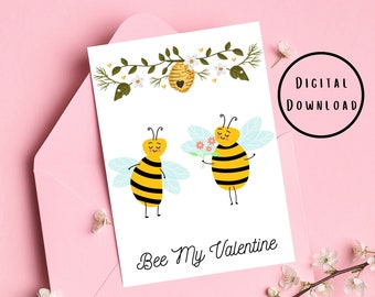 Bee My Valentine PRINTABLE 5x7 Valentine's Day Card, Digital Download Card, Greeting Card