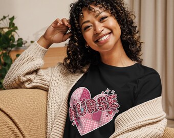 Retro Leopard NURSE Shirt, Patchwork Heart Nurse Women's Relaxed T-Shirt RN Shirt, Nursing School Short-Sleeve T-Shirt