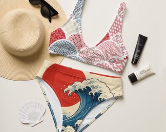 Conjunto de bikini de talle alto reciclado con estampado tradicional japonés.