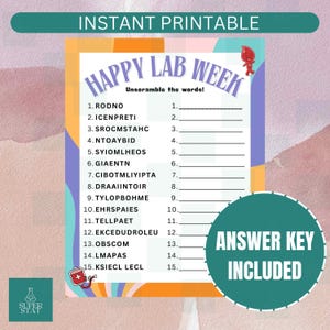 May include: A printable worksheet with a colorful background and a title that says "Happy Lab Week". The worksheet includes 15 words to unscramble, with a blank line for each word. The answer key is included.