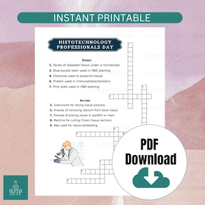 Puede incluir: Un crucigrama imprimible para el Día de los Profesionales de Histotecnología. El rompecabezas incluye pistas relacionadas con la histología, como técnicas de tinción y procesamiento de tejidos. También incluye el texto "PDF Download".