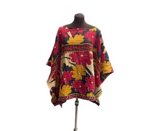 Flower Power Vintage Kantha Cotton Silk Poncho Ruana