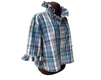 Ruffled Collar Plaid Cotton Shirt – 3/4 Ruffled Sleeves, Cropped Summer Top