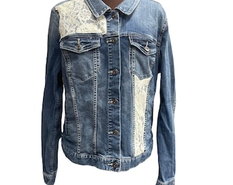 Lace and Denim Jean Jacket / Upcycled / Size Large