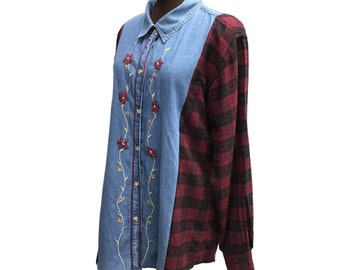 Upcycled Denim and Flannel Buttondown Blouse / Ladies Blazer