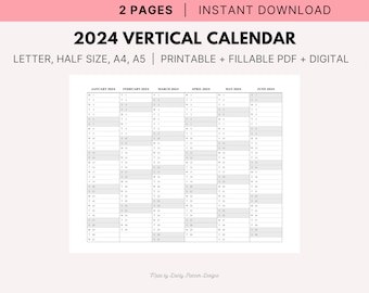 Op de afbeelding: Een zwart-witte printbare verticale kalender voor 2024 in de formaten letter, half formaat, A4 en A5. De kalender is te printen en te vullen in PDF-formaat en is ook digitaal beschikbaar.