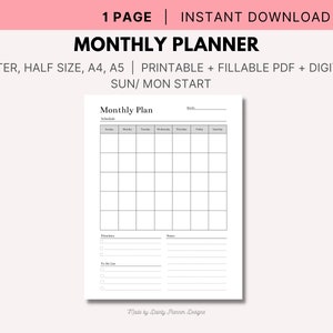 Calendario mensual imprimible y planificador digital, resumen del mes, página del mes 1 sin fecha, descarga instantánea, A4/A5/carta/tamaño medio/PDF rellenable