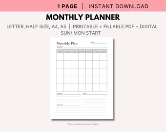 Monthly Calendar Printable & Digital Planner, Month At a Glance, Undated Month 1 Page, Instant Download, A4/A5/Letter/Half Size/PDF Fillable