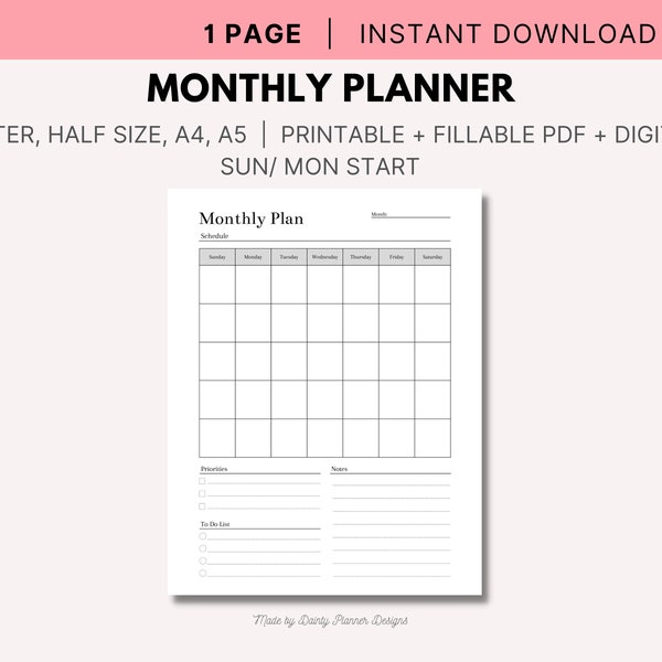 Monthly Calendar Printable & Digital Planner, Month At a Glance, Undated Month 1 Page, Instant Download, A4/A5/Letter/Half Size/PDF Fillable