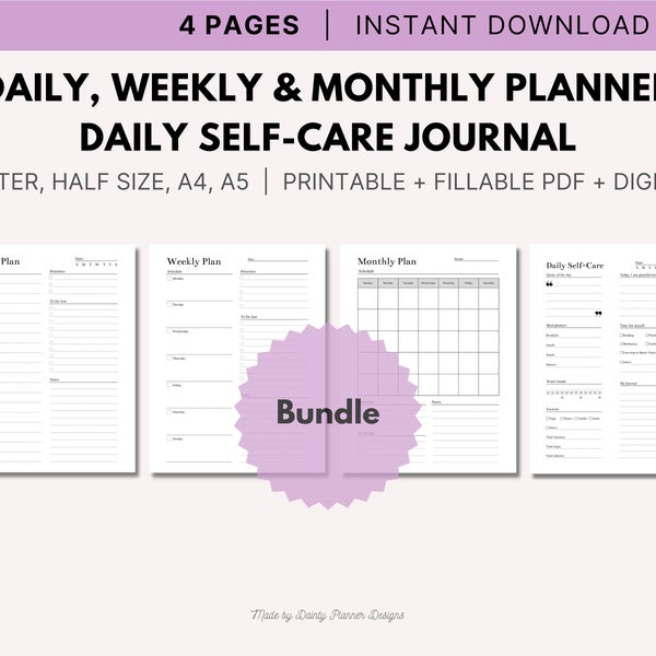 Täglicher wöchentlicher Monatsplaner, Tägliche Selbstpflege, druckbar, Sofortiger Download, A4/A5/Letter/halbe Größe/PDF ausfüllbar