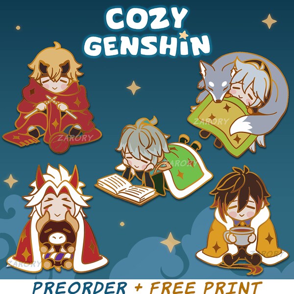 PREORDER Cozy Genshin Enamel Pins + FREE Exclusive Print