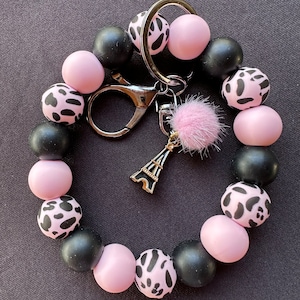 París, Torre Eiffel, Rosa y Negro, Llavero de pulsera, Llavero personalizado para mujer, Llavero elástico, minimalista, Llavero de silicona