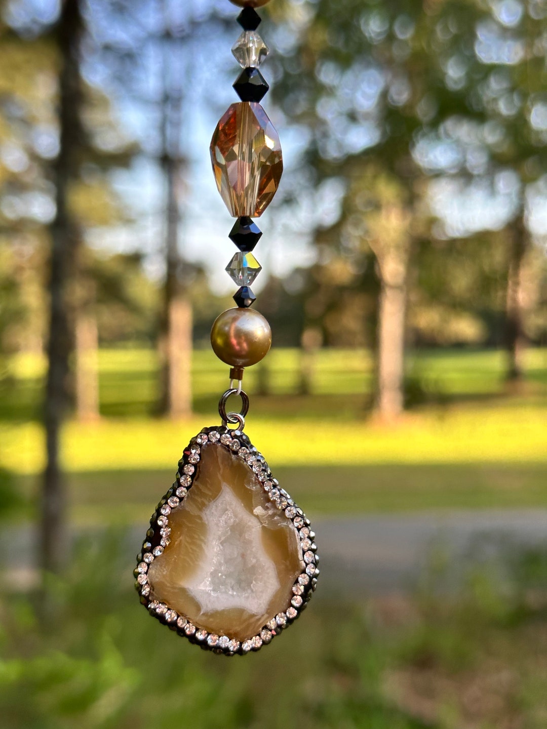 Geode Charm With Glass Pearls, and a Swarovski Bead Rear View Mirror
