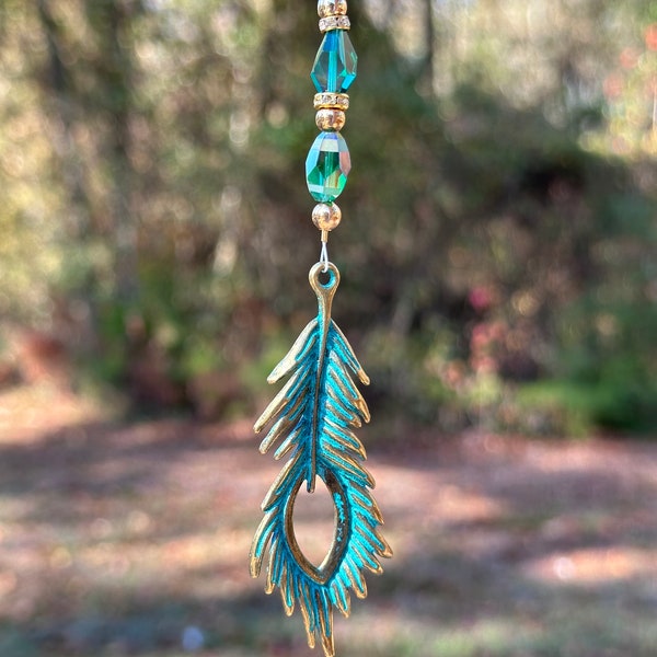 Peacock Feather Charm, Rear View Mirror Charms, Car Accessory, Car Suncatcher, Car Jewels