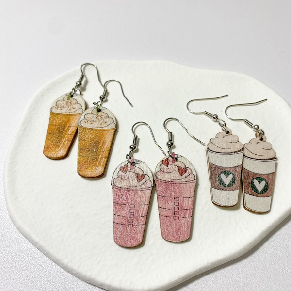 Wooden Frappe Cup Earrings | Lightweight Drop Dangles for any Occasion | Bridesmaid Gifts | Perfect for Frappe Loving Family and Friends