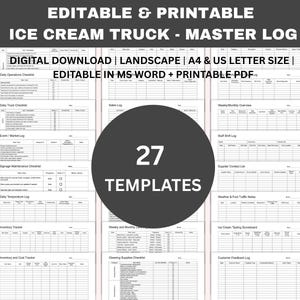 May include: A digital download of an editable and printable ice cream truck master log. The document includes 27 templates, including daily operations, sales, and inventory trackers. The document is perfect for ice cream trucks, dessert vans, gelato carts, and treat vendors.