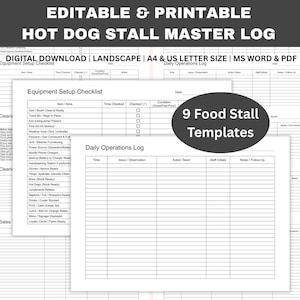 Könnte beinhalten: Druckbares Hotdog-Stand-Master-Logbuch mit editierbaren Feldern. Enthält eine Checkliste für die Einrichtung der Ausrüstung und ein tägliches Betriebsprotokoll. Der Bildtext lautet "9 Food Stall Templates" und "Perfect for Food Vendors | Hot Dog Stands | Food Trucks."