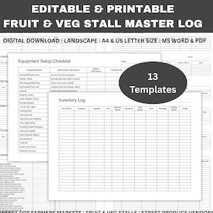 May include: Printable and editable Fruit & Veg Stall Master Log. Includes an equipment setup checklist and inventory log. Digital download available in A4 and US Letter sizes, MS Word & PDF. Features 13 templates.