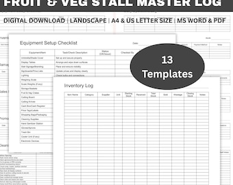 Editable Fruit and Vegetable Stall Master Log, Sales Log, Inventory Log, Cleaning Checklist, Expense Tracker, Supplier Contact List