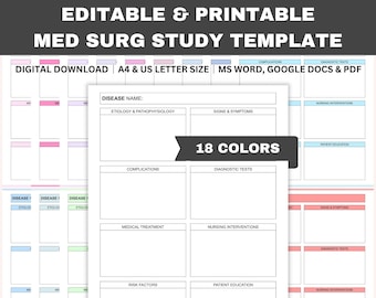 Editable Med Surg Study Template, Printable Disease Process Template, Medical Surgical Nursing, Concept Map, Word, GDocs, PDF, A4, Letter