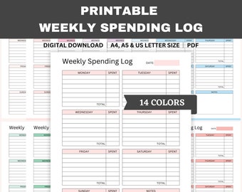 Printable Weekly Spending Log, Spending Tracker, Weekly Budget Planner, Expense log, Financial Planner, 14 Colors, A4, A5, US Letter Size