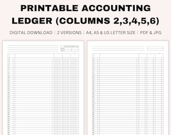 Printable Blank Accounting Ledger, Money Ledger, Bookkeeping, General Ledger, Small Business, 2-6 Columns Ledger, A4, A5, US Letter Size