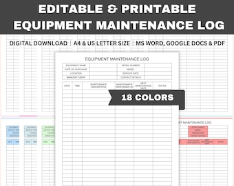 Registro de mantenimiento de equipos editable, programa de mantenimiento imprimible, registro de reparación de equipos, registro de mecánico, Word, GDocs, PDF, A4, Carta