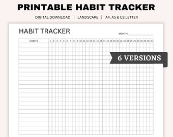 May include: Printable habit tracker in landscape format. The tracker has a grid with 31 columns for each day of the month and rows for habits. The text "MONTH:" and "HABITS" are at the top of the tracker. The text "6 VERSIONS" is in a gray box at the bottom right corner of the page.