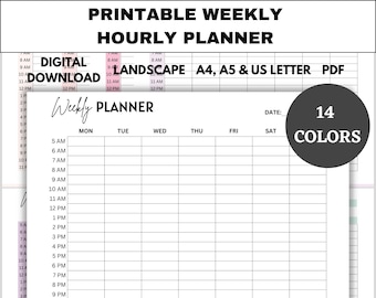 Printable Weekly Hourly Planner, Daily Planner, Weekly Schedule, Week at a Glance, To Do List, Minimalist Planner, A4, A5, US Letter Size
