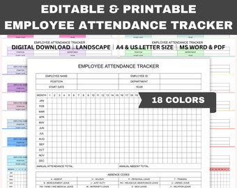 Editable Employee Attendance Tracker, Printable Daily Attendance Log, Employee Tracker, Absence Chart, HR Template, Word, PDF, A4, Letter