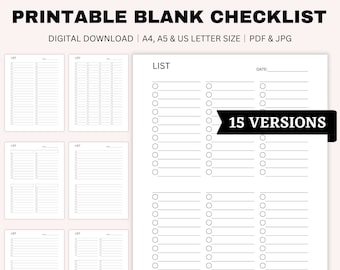 Printable Blank Checklist Template, To Do List, Daily Planner, Minimalist Checklist, Shopping List, Chore Checklist, A4, A5, US Letter Size