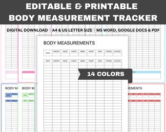 Editable Body Measurement Tracker, Weight Tracker, Body Metrics Recorder, Fitness Journal, MS Word, Google Docs, PDF, A4, US Letter Size