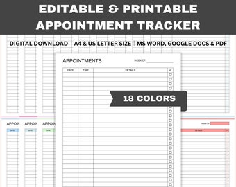 Editable Appointment Tracker, Printable Appointment Diary, Meeting Tracker, Daily Planner, Small Business, Word, GDocs, PDF, A4, Letter