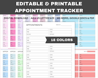Editable Appointment Tracker, Printable Appointment Schedule, Client Appointments, Meeting Tracker, Word, GDocs, PDF, A4, Letter